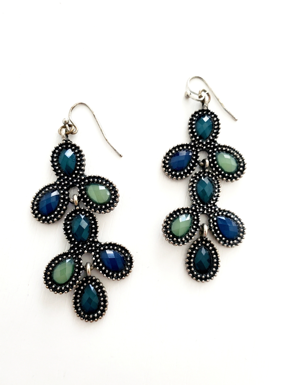 Blue & Green Teardrop Cluster Dangle Earrings
